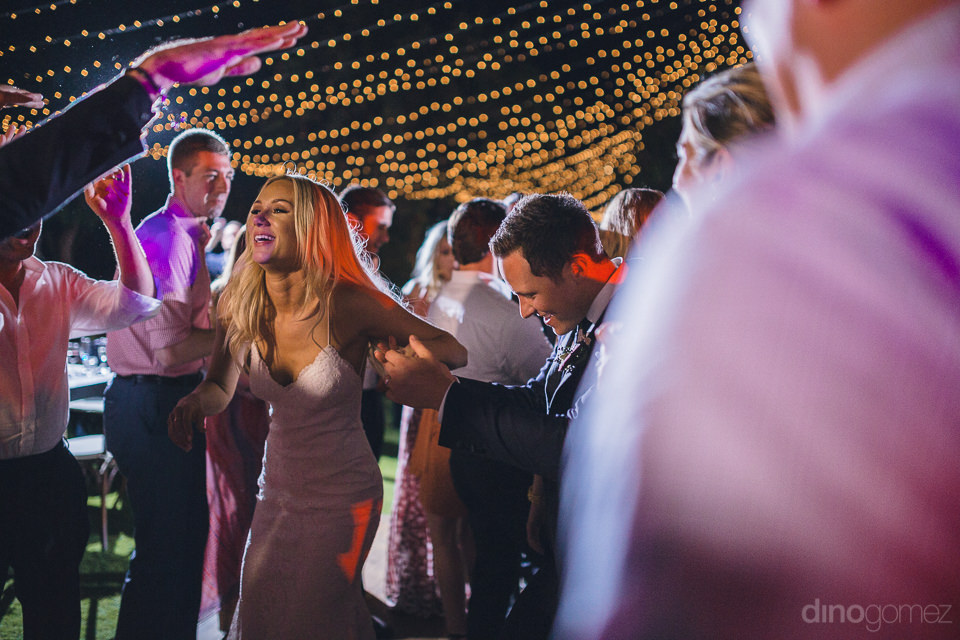 partying at flora farms wedding reception